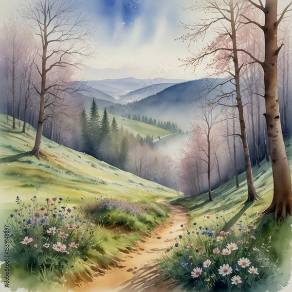 Obraz Watercolor of the Poloniny National Park in Slovakia in early spring, with misty forests and meadows blossoming with anemones and other delicate flowers.