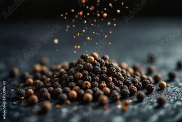 Fototapeta A pile of black peppercorns cascades onto a dark textured surface, with scattered particles floating in the air, creating a dynamic and flavorful visual.