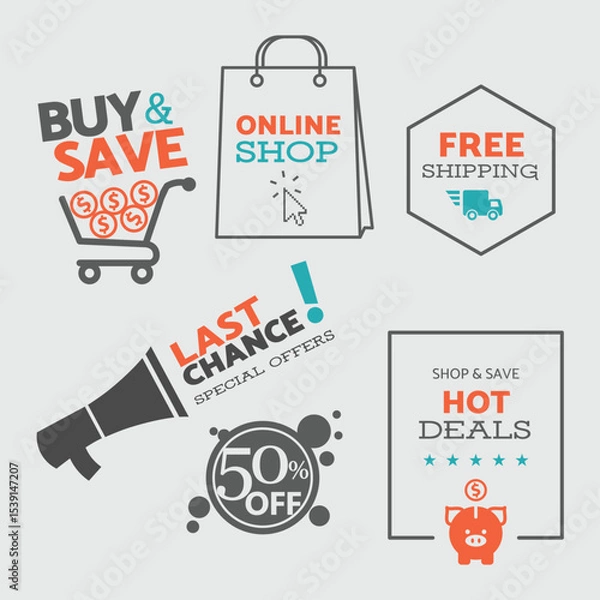 Fototapeta Set of flat design sale icons and badges for web and mobile shopping - vector eps8