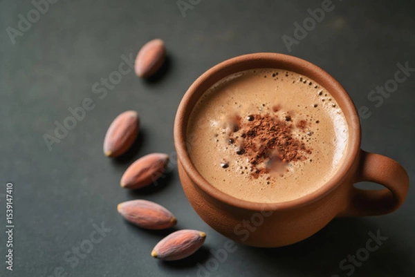 Fototapeta A rustic ceramic mug filled with chocolate drink, sprinkled with cocoa powder, sits on a dark surface alongside scattered cacao pods.