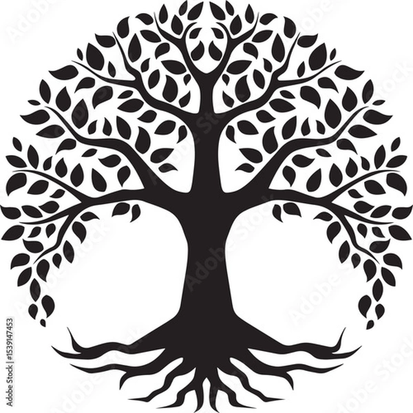 Fototapeta Silhouette of a symmetrical tree of life, perfect for spiritual or nature-themed designs.