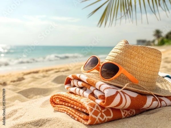 Fototapeta Straw Sun Hat with Orange Sunglasses Resting on a Surface – Summer Travel Concept