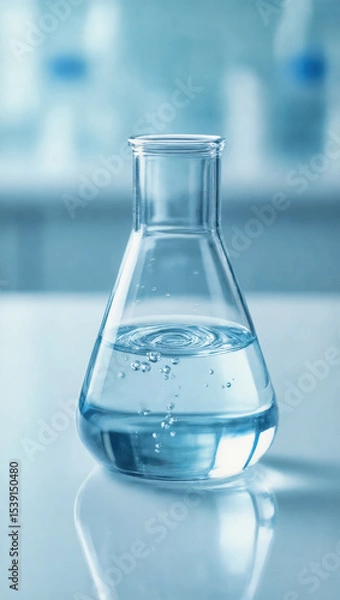 Fototapeta A clear glass flask filled with water sits on a reflective surface, creating a clean and scientific aesthetic.