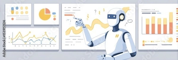 Fototapeta Stylized AI Assistant Engages With Interactive Data Board Showcasing Trends and Analytics in a Modern Workspace