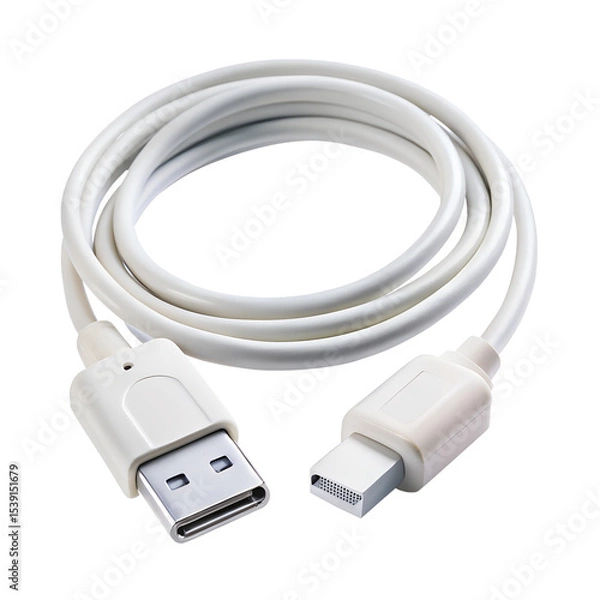 Fototapeta White USB Connection Adapter Cable for Smartphone and Electronic Devices on White Background

