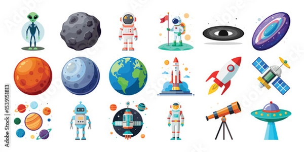 Fototapeta Space exploration cartoon icons set astronauts planets rockets galaxy