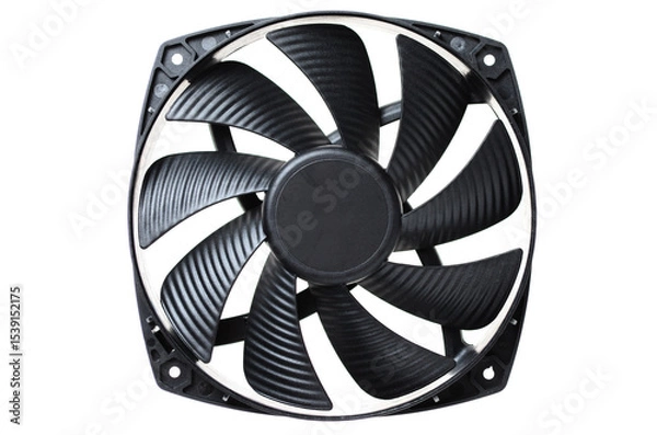 Fototapeta Large computer CPU cooler with metal heatsink and fan on white background