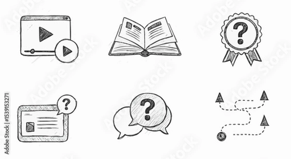 Fototapeta Hand-drawn sketch icons depict learning online video tutorials books question mark award process flowcharts
