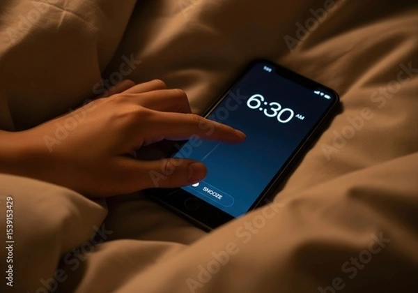 Fototapeta Hand Snoozing an Alarm on a Smartphone Early in the Morning a Concept for Waking Up Tired and Procrastination