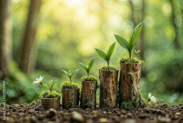 Fototapeta Sustainable growth chart with nature concept. A creative depiction of growth using wooden steps adorned with young green plants.