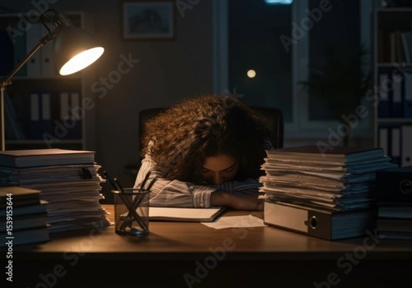 Fototapeta Exhausted Person Sleeping at a Desk Late at Night a Concept of Overwork Burnout and Study Fatigue