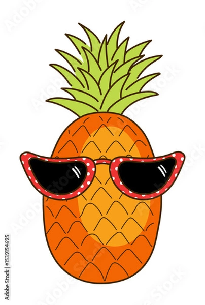 Obraz Pineapple with sunglasses hand drawn illustration, isolated vector. Line art style design. Summer clip art, seasonal element, print. Tropical fruit, exotic food, funny cartoon character, symbol