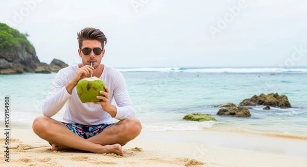Fototapeta Handsome male model on a tropical beach, chilling with a fresh coconut. This image captures leisure, travel, and a serene getaway.