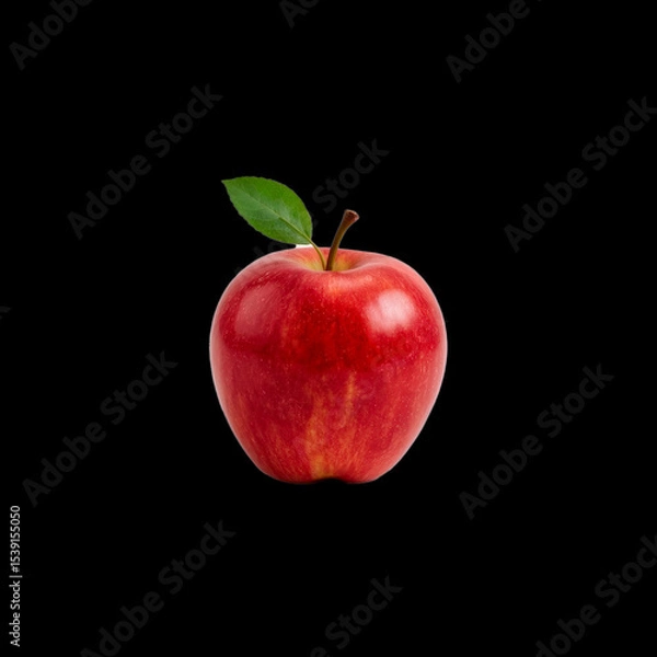 Fototapeta A red apple with a green leaf on top. The apple is fresh and ripe. It is a healthy snack option