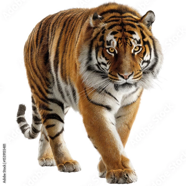Fototapeta Majestic bengal tiger stalking towards the viewer isolated on a clean black background