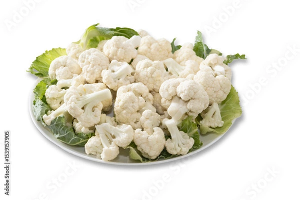 Fototapeta Fresh and raw cauliflower on the white plate.  The cauliflower  -  vegetable is cut into pieces on white background. The vegetable is divided into inflorescences on the plate