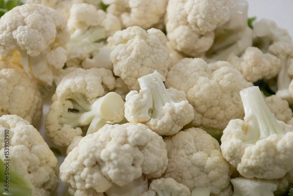 Fototapeta Fresh and raw cauliflower on the white plate.  The cauliflower  -  vegetable is cut into pieces on white background. The vegetable is divided into inflorescences on the plate