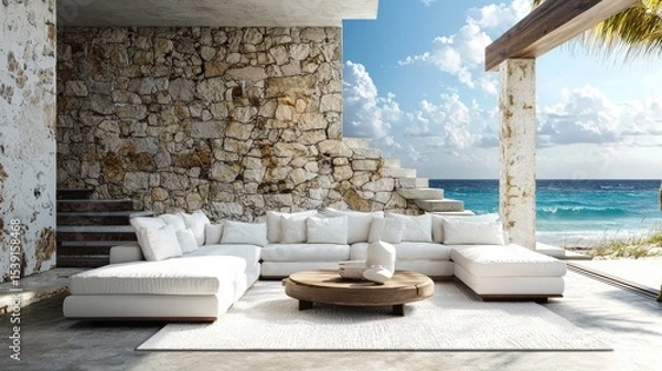 Fototapeta White sectional sofa set on a coastal patio.