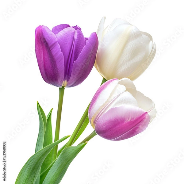 Fototapeta Three elegant tulips in purple white and pink on a black background for springtime