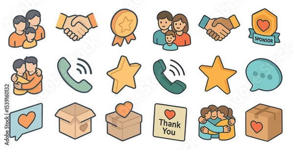 Fototapeta Family and community flat icons set – outline, filled, communication and relationship symbols