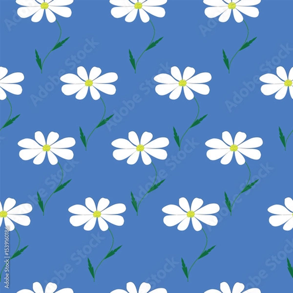 Fototapeta A delicate floral seamless pattern with white chamomile flowers on a calm blue background. Perfect for textile design, wallpapers, eco-friendly packaging, wrapping paper, endpaper,