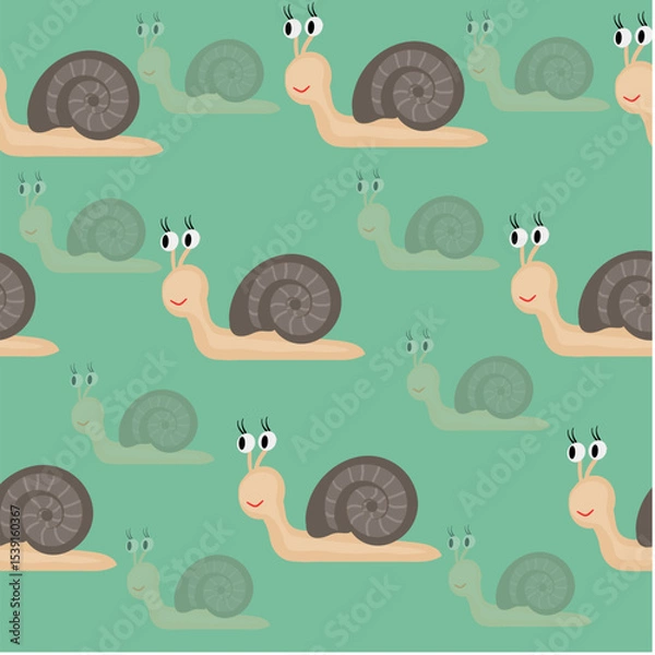 Fototapeta A cheerful seamless pattern featuring cute cartoon snails on a mint green background for children's products, endpaper, fabric, stationery, and playful digital projects. 