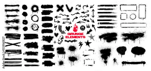 Fototapeta Decorative grunge set with brush lines, strokes, highlighters, graffiti spray stains, splatter marks, dirty texture, sketch, arrows and doodles. Callouts grunge with splashes. Vector graphic box