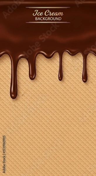 Fototapeta Delicious melted chocolate dripping over a crisp waffle cone texture background.