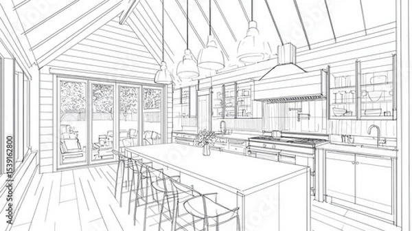 Obraz Architectural sketch of a modern farmhouse kitchen.