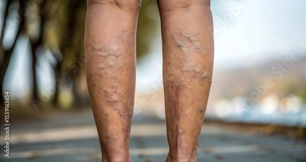 Fototapeta Close-up of legs with visible varicose veins outdoors. Medical and health concept showing chronic venous disease, circulation issues, or vascular condition. Real, unretouched appearance.