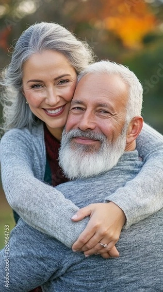 Fototapeta A joyful couple enjoys a beautiful outdoor moment, embracing with smiles. Their love and connection shine through, capturing the essence of companionship and happiness together.