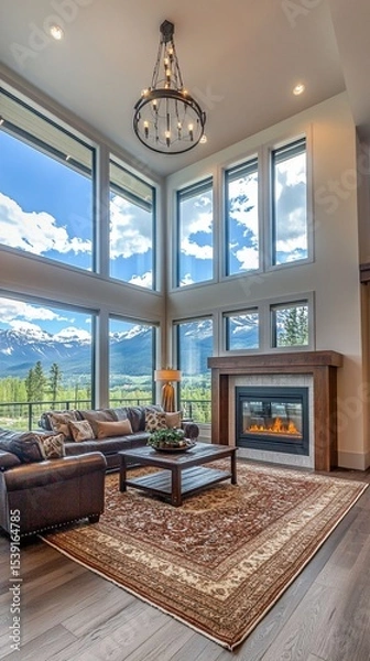 Fototapeta Luxurious living room with a cozy fireplace, large windows showcasing breathtaking mountain views, and an inviting atmosphere perfect for relaxation and entertainment.