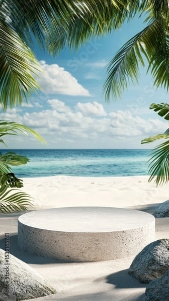 Fototapeta Discover a serene beach scene with a circular platform surrounded by lush greenery and gentle waves lapping at the shore under a bright blue sky; perfect for relaxation.