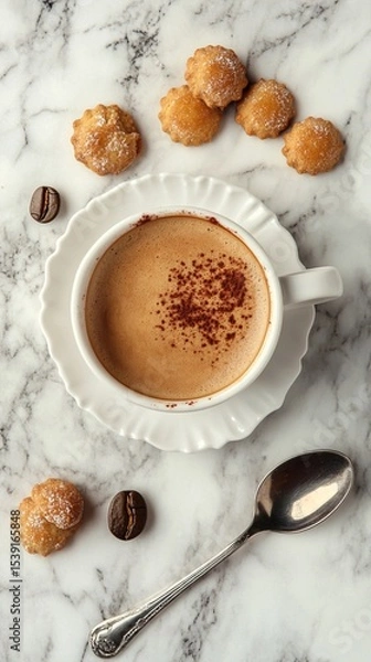 Fototapeta Delight in a serene coffee moment featuring a cup of aromatic espresso topped with cocoa, surrounded by sweet treats. Perfect for cozy scenes and culinary inspiration.