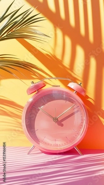 Fototapeta A vibrant pink alarm clock sits against a bright yellow and orange backdrop, surrounded by playful shadows, creating a cheerful and lively atmosphere perfect for morning inspiration.