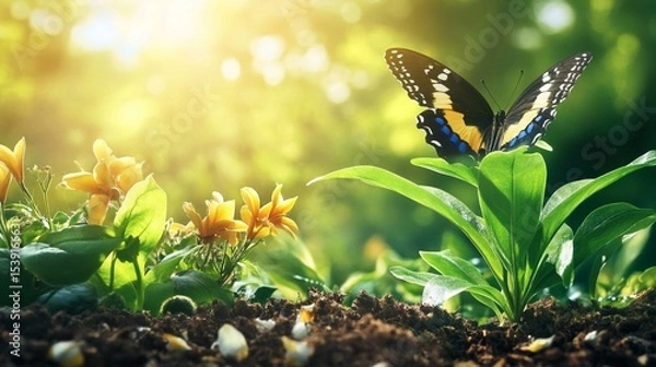 Fototapeta A vibrant butterfly rests delicately on lush green leaves, surrounded by beautiful yellow flowers, illuminated by a warm, glowing sunlight, capturing the essence of nature's harmony.
