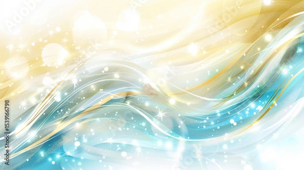 Fototapeta Soft golden and blue waves with glittery particles create serene and dreamy atmosphere, perfect for backgrounds or designs