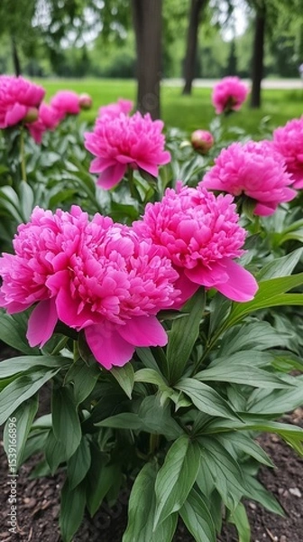 Fototapeta Vibrant pink peonies bloom abundantly in a lush garden, showcasing their intricate petals and greenery, embodying the beauty of nature's spring colors and elegance.