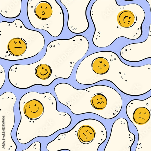 Fototapeta Fried eggs seamless pattern. Trendy print of Cartoon egg with yellow yolk, abstract breakfast food with smiles for wrapping paper, wallpaper, fabric. Vector texture