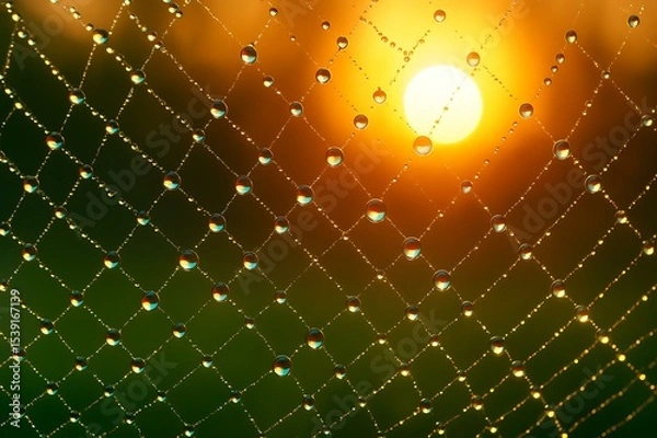 Obraz Water Droplets Trapped in a Spider Web at Sunrise