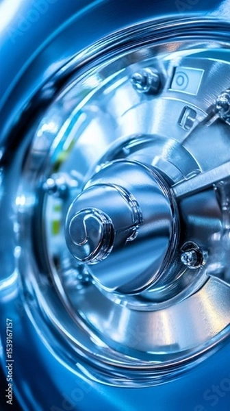 Fototapeta Close-up of a shiny, intricate car wheel center, showcasing its reflective surface and modern design features, exemplifying automotive engineering and craftsmanship in detail.