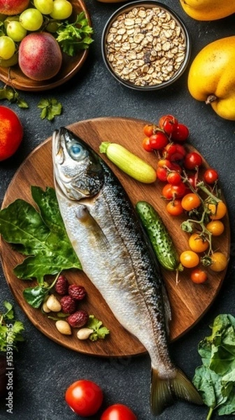 Fototapeta Fresh ingredients showcase a wooden platter featuring a silver fish surrounded by a vibrant assortment of fruits and vegetables, ideal for healthy meal preparation.