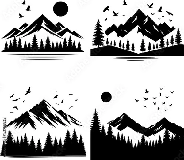 Obraz set of minimal black and white mountain silhouette with trees and birds, bold lines, ideal for outdoor design.