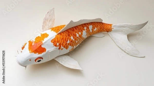 Fototapeta A vibrant papier-mâché koi fish in orange and white, showcasing intricate detailing and a lifelike appearance.