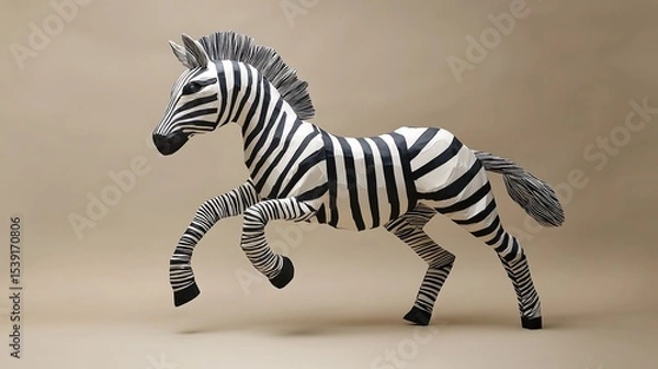 Fototapeta A striking zebra sculpture crafted from papier-mâché, showcasing dynamic movement and bold black and white stripes.