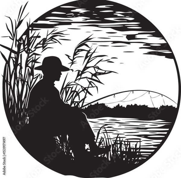 Fototapeta A peaceful, black and white silhouette of a fisherman seated by a lake at twilight.