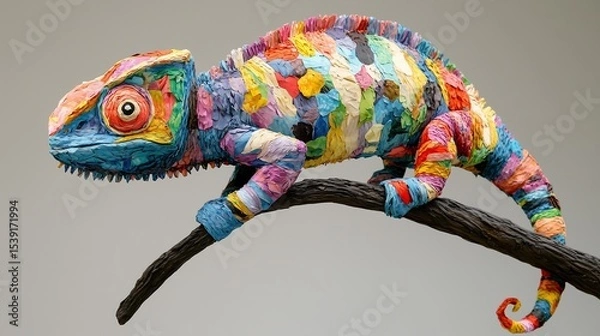 Fototapeta A vibrant, multi-colored chameleon sculpture resting on a branch, showcasing artistic creativity.