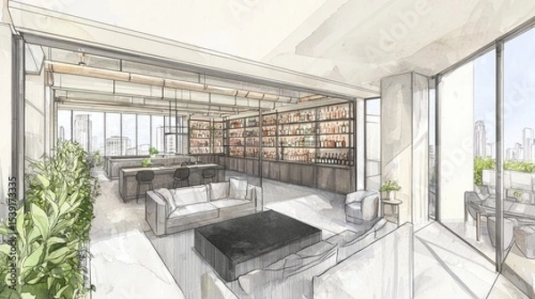 Obraz Interior design sketch of a modern penthouse lounge area.