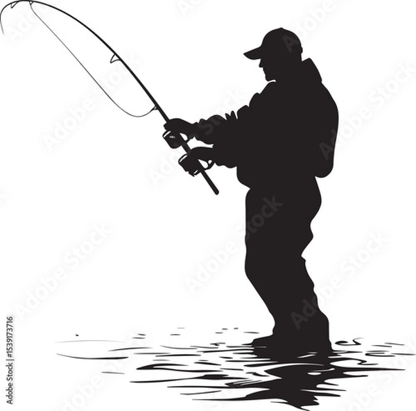Fototapeta Silhouette of a Fisherman Casting a Line in a Calm Setting