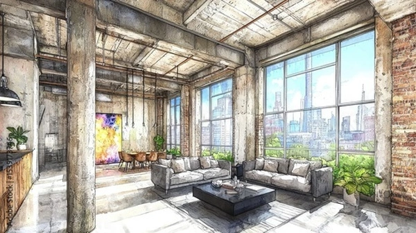 Obraz Industrial loft interior design sketch with city view.